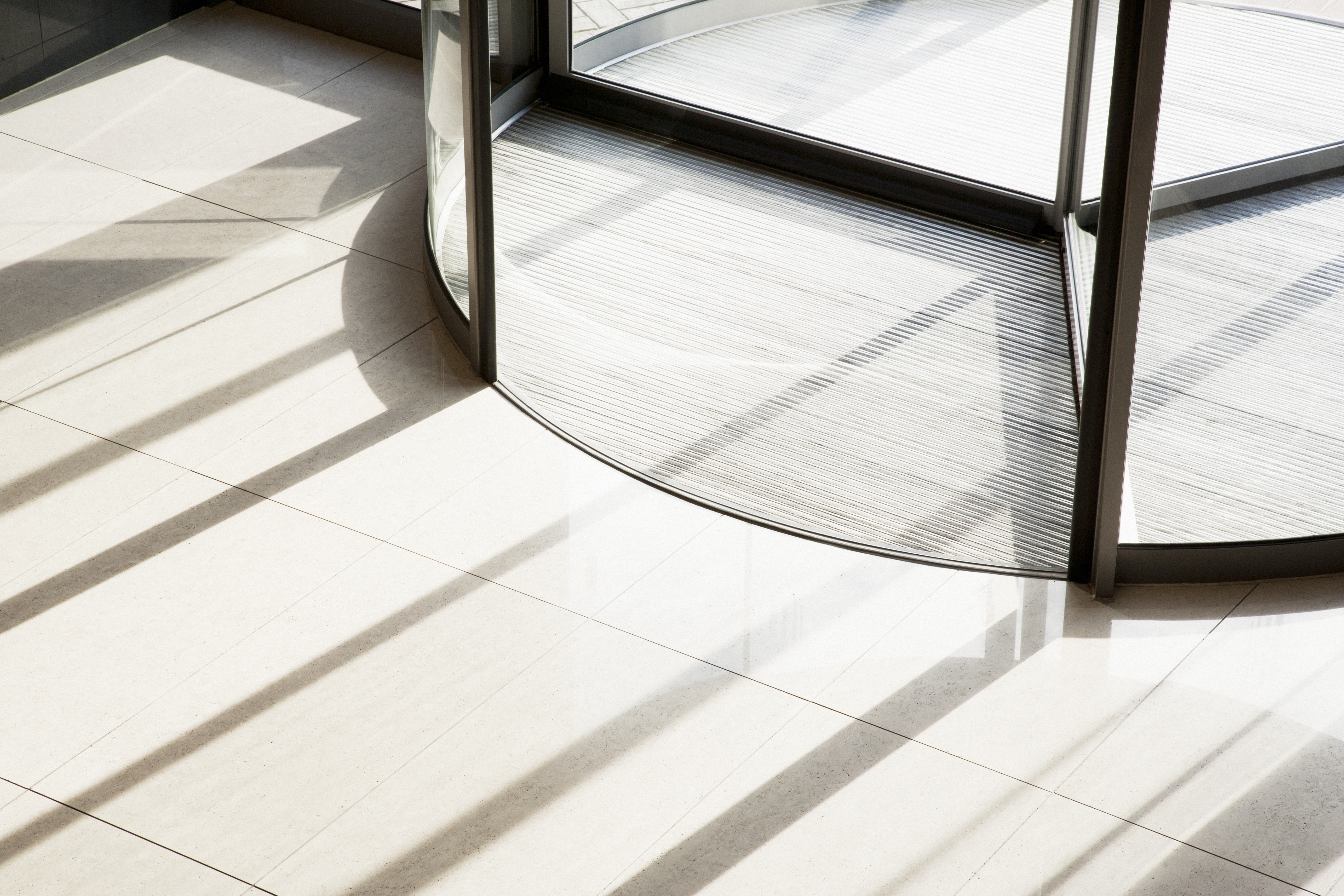 Revolving door in office building lobby